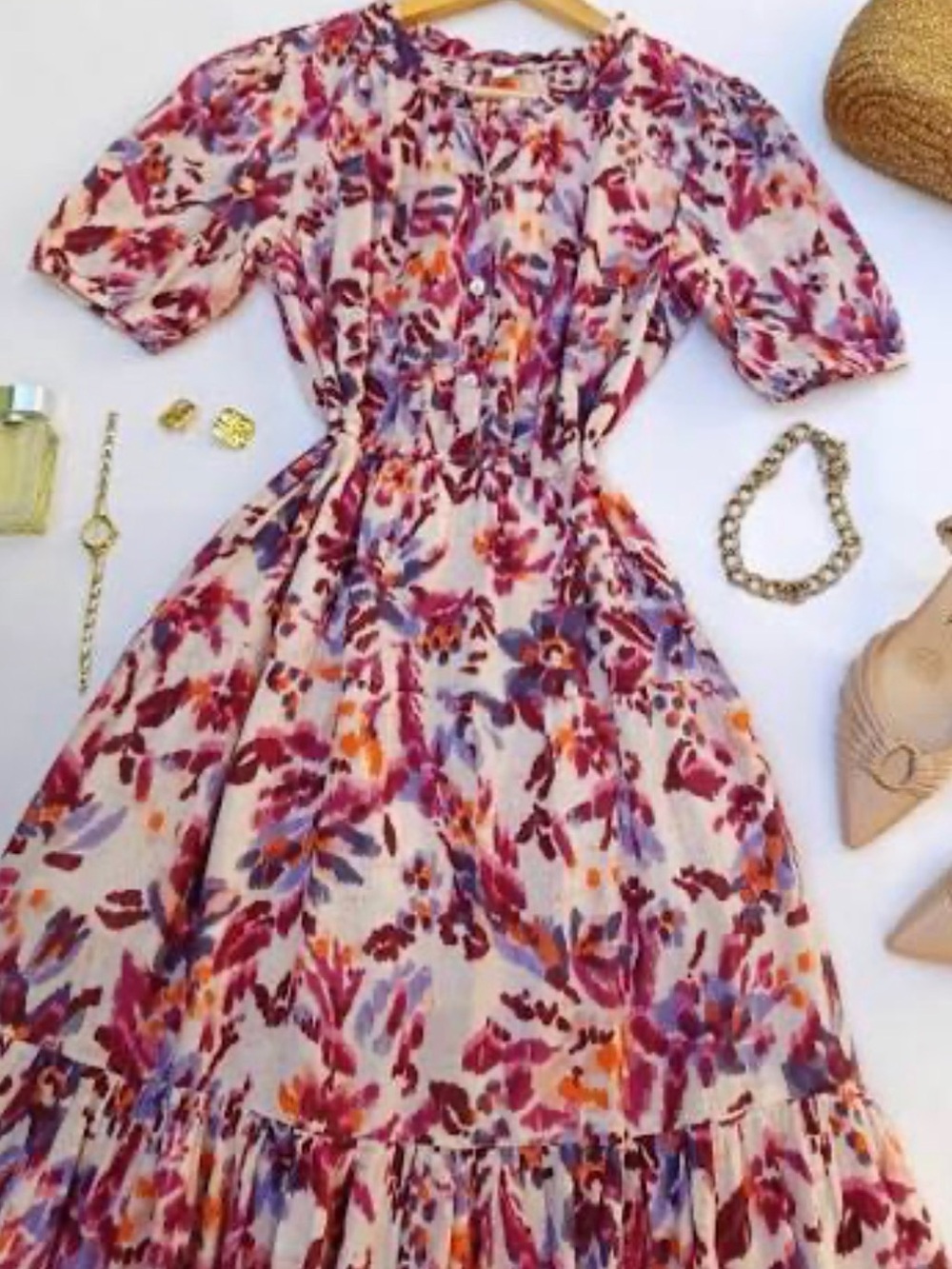 beachlunchlounge Floral Midi Dress in Cream with Pink, Purple & Orange Print